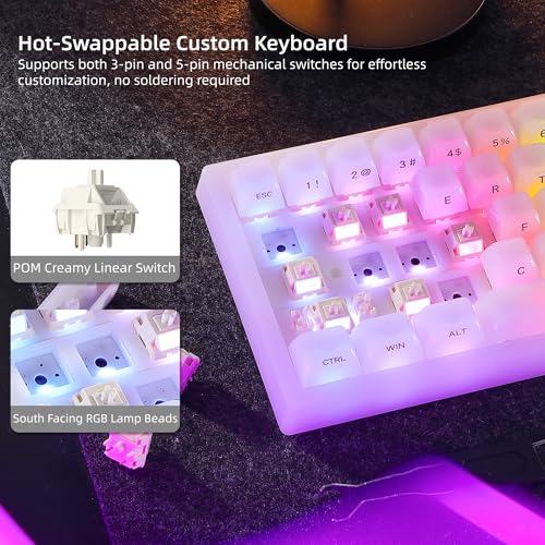 Womier Wireless 60% Gaming Keyboard with Dedicated Knob,Mechanical Keyboard | QMK/VIA Creamy Keyboard Tri-Mode Thocky Custom Jelly White Key Board, Hot Swappable Gasket Mount RGB for Win/Mac(Q61 V2) - color: White Jelly-Q61 V2