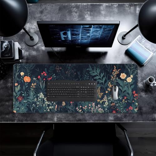 Flower Mouse Pad Abstract Big Mouse Pad 31.5x11.8 Inch Floral Texture Non-Slip Rubber Base Large Weeds Mousepad Stitched Edges Keyboard Mouse Mat Desk Pad for Office and Home - color: Flower 1