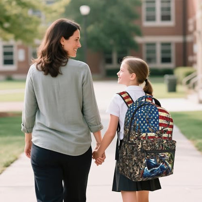 Camo Fish Backpack for Boys American Flag Bass Fish Deer School Backpack for Boys Girls Elementary Middle School Bookbag Travel Daypack Students Back Pack - color: Camo Fish