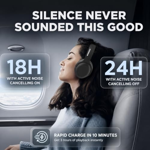 HyperGear Foldable Over-Ear Headphones - Wireless Bluetooth Headphones with Active Noise Cancelling, HD Audio, 40mm Drivers, and Deep Bass, Black - color: Black