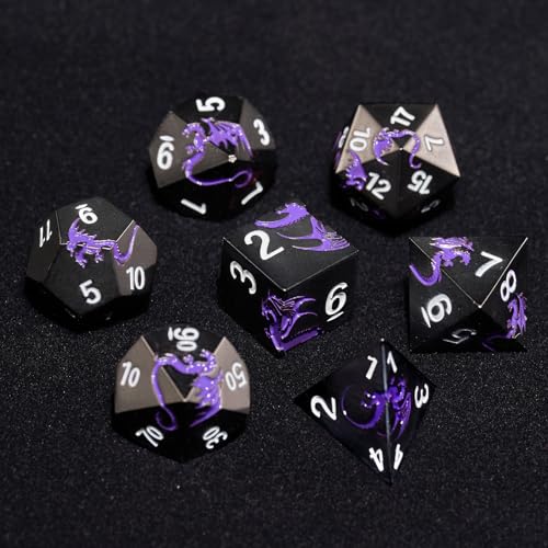 Metal Dice Set,7-Piece Dragon DND Dice for TTRPG,Black Purple | Dragon-Engraved Design,Heavy Zinc Alloy, Easy-to-Read Numbers,Magnetic Gift Box for DND Players,Gamers&Collectors - color: Black With Purple