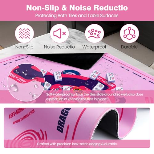 Mahjong Mat with Rules (33"x33") American Mah Jongg Mat for Table (Pink) | Noise Reduction Non-Slip Mahjong Table Mat (3 Dice & Carrying Bag), Neoprene Gaming Mat for Mahjong Tile/Card/Dominoes Games - color: Pink