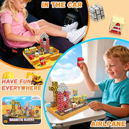 54 Pcs Mini Magnetic Blocks Travel Toys with Iron (Yellow) | Kids 3+ Mini Magnetic Cubes for Airplane & Car Ride Portable Storage Box Toddler Gifts Christmas Halloween New Year birthday