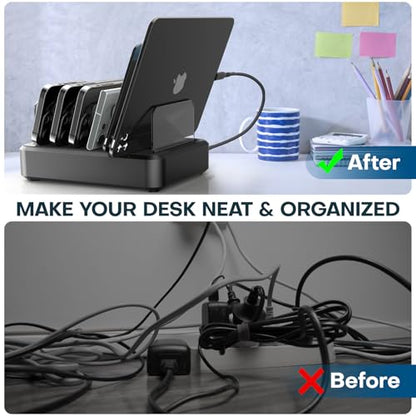 Charging Station for Multiple Devices,65W 6 Port Multi USB C Fast Charger Station with 6 Mixed Charging Cables,Charging Dock Compatible with iPhone iPad,Cell Phone,Tablets Android and More