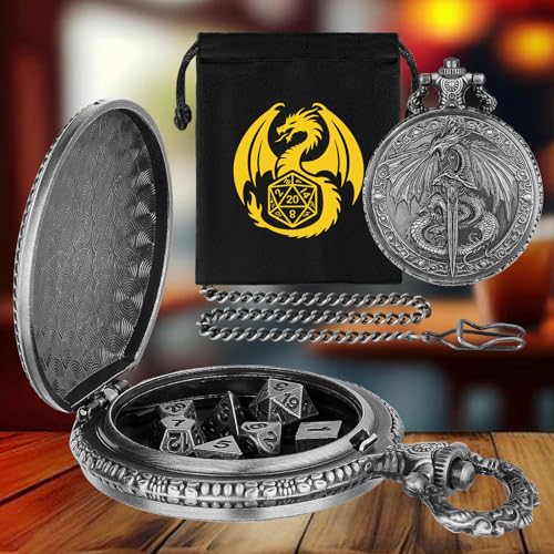 Mini DND Dice Set, Flying Dragon Holds Long Sword Pocket Watch Shell Case, DND Starter Set, 7pcs Polyhedral Metal Dice Set, D&D Gifts with Gift Bag, Role Playing Board Game Accessories, Silver - color: Dark Silver