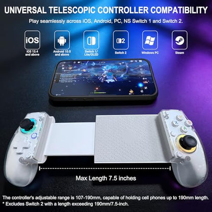 Joso Phone Controller for iPhone (All Model) & Android, Enhanced Grip, Case-Friendly Wireless Mobile Gaming Controller with 7 Color Lights, Turbo, 6-Axis, Dual Vibration - size: Wireless