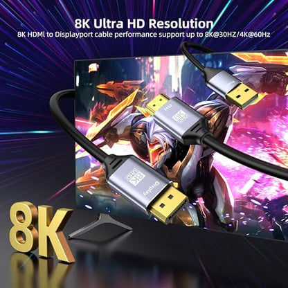 8K@30Hz HDMI to DisplayPort Cable 4K@144Hz, for PS5 Xbox Discrete GPU | HDMI 2.1 to DP 1.4, USB Power for Stable Signal, Aluminum Shell with Vents, for Laptop Discrete GPUs Xbox PS5