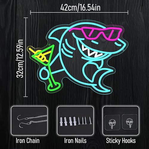 Shark Cocktail Neon Sign Shark Martini Neon light Dimmable LED Sunglasses Shark Light Up Sign for Wall Decor Man Cave Bar Pub Party Home(12.6 * 16.54In) - style: Shark Cocktail