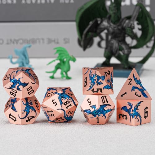 Metallic DND Dragon Dice Set,Metal Sharp Edge Polyhedral Dice with Dragon for Dungeons and Dragons RPG TTRPG D&D 7-Die Set with Gift Case Dragon-Pearl Red Copper Transparent Blue - color: Dragon-pearl Red Copper Transparent Blue