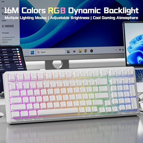 Aula F99 Wireless Mechanical Keyboard, BT5.0/2.4GHz/USB-C, Gasket Mounted Creamy Linear Switches Pre-lubed, Side Printed PBT Keycaps, RGB Backlit Hot Swappable Gaming Keyboard for Win/Mac - color: White
