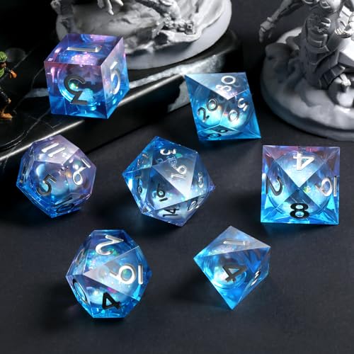 Resin Sharp Dice,DNDND 7PCS Glitter Liquid Resin DND Dice Set with Gift Case for Dungeons and Dragons Tabletop Game (Liquid Blue and Pink) - color: Liquid Blue and Pink