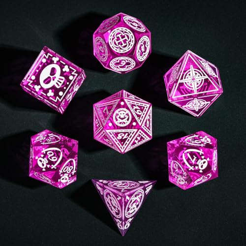 Cusdie 7-Piece Sharp Edges DND Dice Set with Pirate Design - Perfect for Tabletop RPGs Board Games Gifting and Collecting(Rose Red w/White Pirate Pattern) - color: Rose Red W/White Pirate Pattern