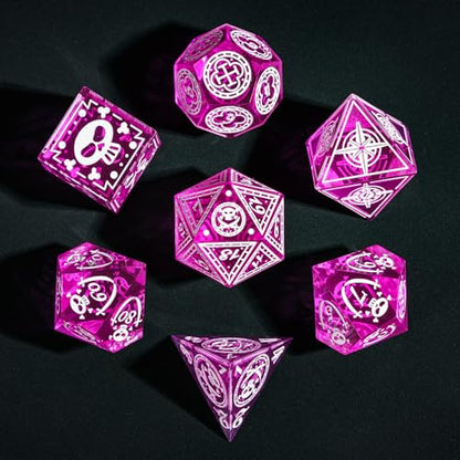 Cusdie 7-Piece Sharp Edges DND Dice Set with Pirate Design - Perfect for Tabletop RPGs Board Games Gifting and Collecting(Rose Red w/White Pirate Pattern) - color: Rose Red W/White Pirate Pattern