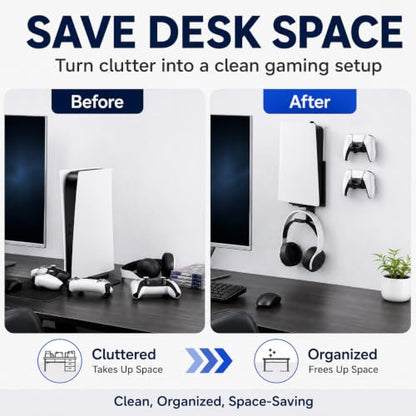 Heavy-Duty Steel Wall Mount Kit Compatible with PS5 Slim, Pro and Original | Secure EVA-padded support, complete install kit, easy setup, open airflow, holders for 2 controllers and headset - color: Black