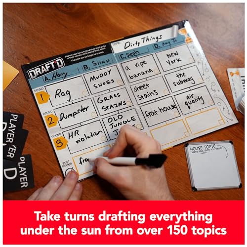 Spin Master Games, Draft’d, Competitive Drafting Party Game with Hilarious Prompts for College Nights, Football Watch Parties, Happy Hour Activity, for Teens & Adults, 3-5 Players, for Ages 14 & Up - style: Draft’d