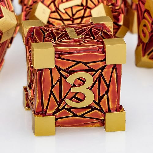 Metal DND Dice Set Golden Red Debris RPG D and D Dice for use with D&D Tabletop Games Role Playing Game Polyhedral Dice Set with Box D20 D12 D10 D8 D6 D4 - color: Red Gold