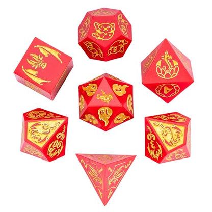 Cusdie 7-Piece Sharp Edges DND Dice Set with Dragon Pattern - Perfect for Tabletop RPGs Board Games Gifting and Collecting(Red with Gold Number) - color: Dragon Pattern R/G