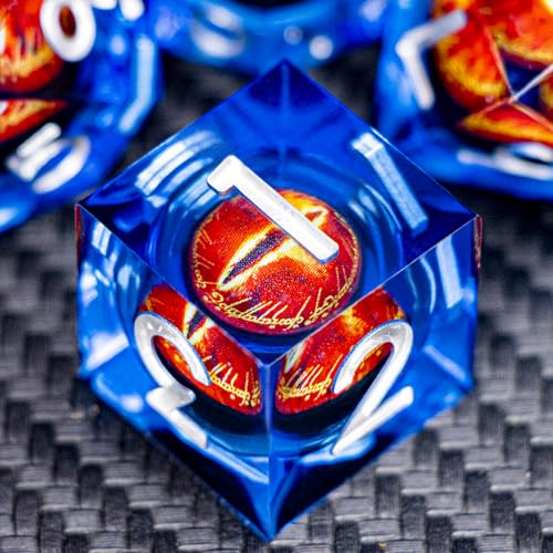 ARUOHHA DND Resin Dice Gazes Eye Dice Silver Blue Liquid Core Flaming RPG Sharp Edged Dice Set with Gift Box, Polyhedral D and D Dice Set Compatible with Dungeons Dragons Role Playing Game D20 D6 - color: Sl01-blue Silver