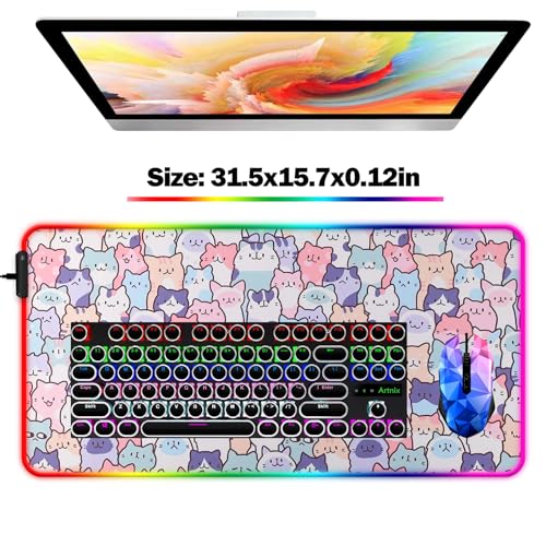 RGB Pink Cat Mouse Pad, Large LED Gaming Light Up Computer Mousepad, Long Glowing PC Laptop and Keyboard Office Desk Mat for Women - color: Rgb05