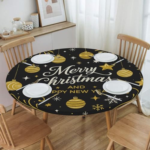 Famame Gold Christmas Ball Stars Round Fitted Tablecloth with Elastic Protector Table Kitchen Dinner Waterproof Oil-Proof Table Covers Fits 40"-44", Small - color: Gold Christmas Ball Stars, size: Small (40"-44")