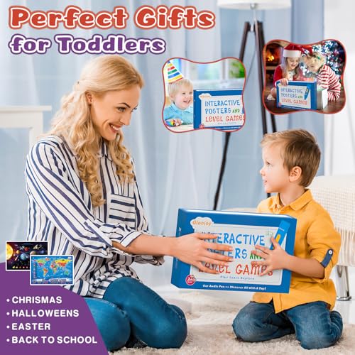 Qiaojoy Bilingual Interactive World Map for Kids Learning and Educational Toys, Talking Electronic Kids World Map i-Poster Geography Games Ages 3 to 12 Years Old, Custom Talking Birthday Gifts Card - style: World Map& Space Poster