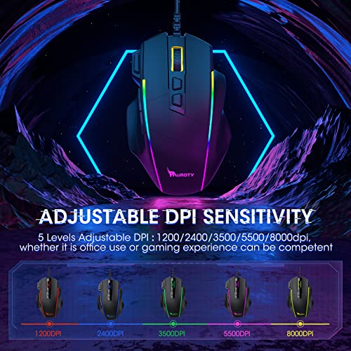 Pauroty Gaming Mouse RGB Wired, Ergonomic PC Gaming Mice with Chroma RGB Backlit, 8000DPI Adjustable, 8 Programmable Buttons&Fire Button, Plug & Play USB Computer Mouse for Windows Mac PC Gamer