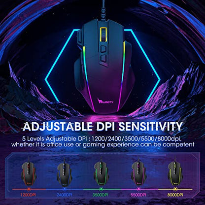 Pauroty Gaming Mouse RGB Wired, Ergonomic PC Gaming Mice with Chroma RGB Backlit, 8000DPI Adjustable, 8 Programmable Buttons&Fire Button, Plug & Play USB Computer Mouse for Windows Mac PC Gamer