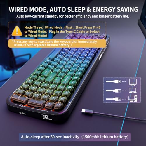 Wireless Computer Keyboard with RGB Backlit, Tri-Mode Bluetooth 5.0/USB-C/2.4GHz Ergonomic Gaming Keyboard - Full-Size Rechargeable Transparent Keycap for Laptop/Windows/PC - Black - color: 732 Black