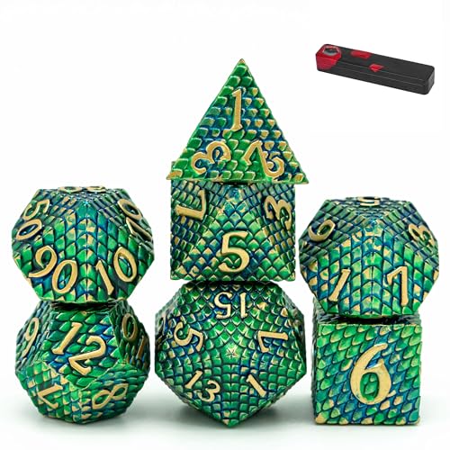 UDIXI Metal Dice Set D&D, 7-Die Dragon Scale Metal DND Dice Set Polyhedral for Role Playing Games and Other Tabletop Game (Green) - color: Dragon Scale-green and Blue