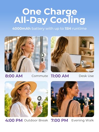 Portable Handheld Turbo Fan with Cooling Plate, 1-199 Speeds, LED Display | 4000mAh USB-C rechargeable battery, 15000 RPM motor, neck and desk modes for travel, office and camping - color: white