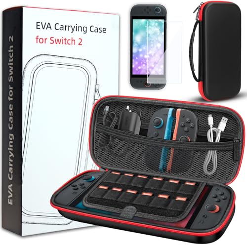 Linkhood Travel Carrying Case for Nintendo Switch 2 2025, 1 Screen Protector, Large Capacity Protective Hard Case with 12 Game Cartridge Slots for Charger and Accessories (Black) - color: Black