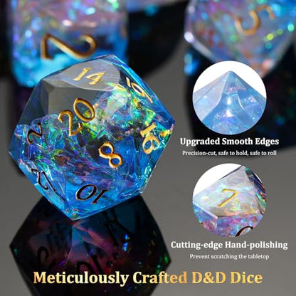 MoKo Resin DND Dice Set, 7PCS Sharp Edge Polyhedral, Pink+Blue | Gold Numbers, D&D RPG Tabletop Games, Gift Box Storage Bag, D20 D12 D10 D8 D6 D4 D% - color: 2 - Pink+blue