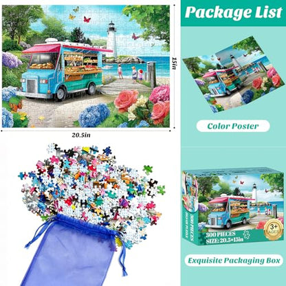 300 Pieces Puzzles for Adults,Large Pieces Beach Puzzle for Kids Teens Seniors,Funny Coastal Lighthouse Food Truck Jigsaw Puzzle for Kids Ages 8-10 10-12,Summer Seaside Puzzles Family Game Nights - style: Beach