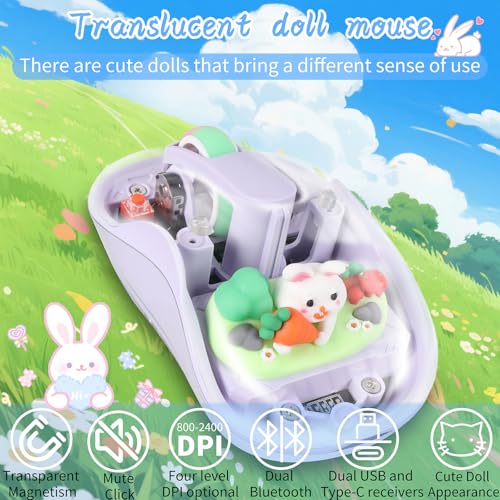 elec Space Cute Wireless USB C Mouse - Bluetooth Triple Mode Rechargeable Cartoon Mouse for Laptops, iPads & MacBook Air/Pro - Silent Operation, Portable Design, Unique Magnetic Character (Purple) - color: Purple