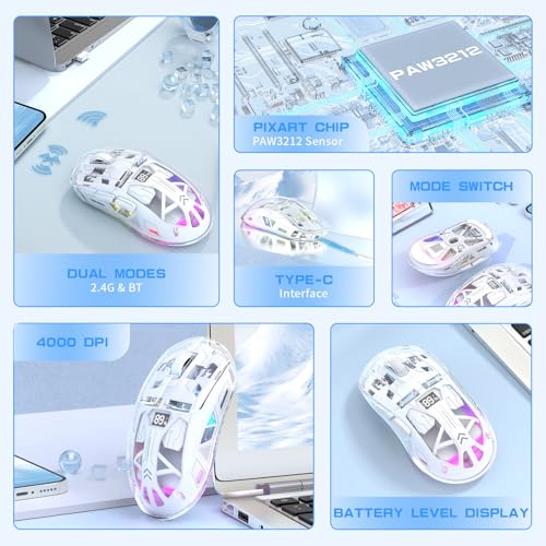 ZIYOU LANG A2 Transparent Wireless Gaming Mouse with Battery Level Display,Bluetooth/2.4G Wireless PC Mice,3D RGB Backlit,5 Million Clicks,PixArt 3212,up to 4000 DPI for Win/MAC (White) - color: White