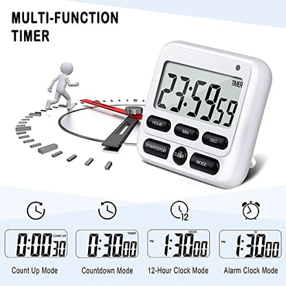 4-in-1 Digital Timer with Count Up/Down, Clock & Alarm, Ring & Silent Modes | Large 2.8-Inch easy-read LCD, On/Off switch, 24-Hour count up/down, Fast-forward function, Magnetic back, stand, hanging hole - color: White