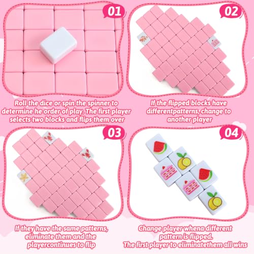 2 Player Mahjong Block Set, 66 Pink Tiles, 1.18 Inch Ocean and Food Theme Travel Mahjong Set with Storage Bag for Beach Trips, Summer Parties and Family Game Night Gifts