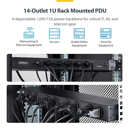 StarTech 14-Outlet 1U PDU, 6 Front 8 Rear, Surge, TAA (1415B8H-RACK-PDU-SP) | Server power strip, Mounted power distribution unit, 6x front and 8x rear ports, 15A breaker, 3000 joule surge protection - style: 14-port|15A|Surge Protect