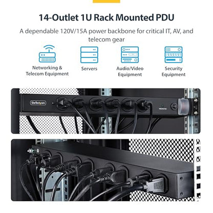 StarTech 14-Outlet 1U PDU, 6 Front 8 Rear, Surge, TAA (1415B8H-RACK-PDU-SP) | Server power strip, Mounted power distribution unit, 6x front and 8x rear ports, 15A breaker, 3000 joule surge protection - style: 14-port|15A|Surge Protect