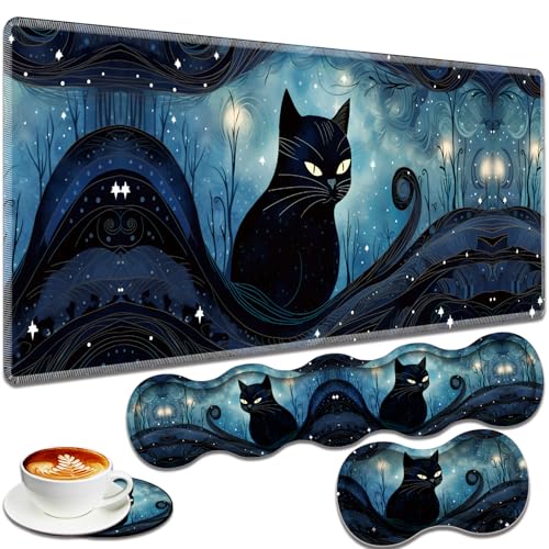 Large Gaming Mouse Pad + Keyboard Wrist Rest + Wrist Support + Coaster Set, Memory Foam Ergonomic for Easy Typing, XXL Extended Gaming Mouse Pad Table Pad - A Cat in The Moonlight - color: A Cat in the Moonlight