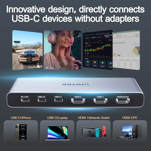Unitek HDMI USB C Switch 4 Computers 1 Monitor with EDID | 4K@60Hz USB-C Switcher for Laptops PC PS5 Xbox Ipad Phone Tablet HDCP 2.3 HDR10+ Vedio, Quick Switch ,Plug and Play ,Gray - style: USB C+HDMI