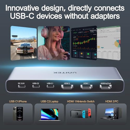 Unitek HDMI USB C Switch 4 Computers 1 Monitor with EDID | 4K@60Hz USB-C Switcher for Laptops PC PS5 Xbox Ipad Phone Tablet HDCP 2.3 HDR10+ Vedio, Quick Switch ,Plug and Play ,Gray - style: USB C+HDMI