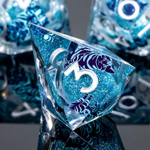 KERWELLSI Cat Liquid Core DND Dice Set with Gift Box, 7Pcs Resin Dungeons Sharp Edge D&D Dice, Dragons D and D Role Playing Dice D20 D12 D10 D8 D6 D4, Blue - color: Blue and Blue Cat