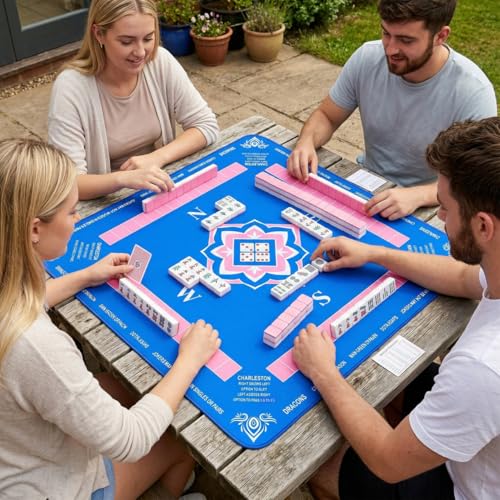 PRETYZOOM 33x33 Inch Mahjong Mat with Drawstring Bag for American Chinese Board Games with Rules, Thick Rubber Non-Slip Square Table Cover, Portable Noise Reduction Edge Stitched Pad, Navy Blue
