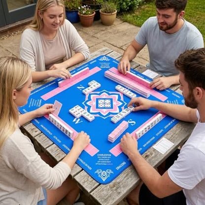 PRETYZOOM 33x33 Inch Mahjong Mat with Drawstring Bag for American Chinese Board Games with Rules, Thick Rubber Non-Slip Square Table Cover, Portable Noise Reduction Edge Stitched Pad, Navy Blue