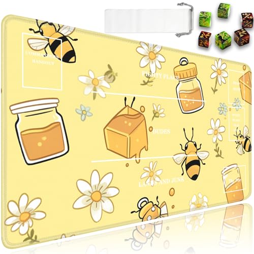 JVGFYNKL for MTG Playmat, 24 x 14 in for TCG Playmat with Zones,Trading Card Game Playmats with Storage Bag and 6 Dice, for MTG Table Mat Card Accessories, Cute Bee and Honey Pot - color: JV-Playmat-5K-4-F157