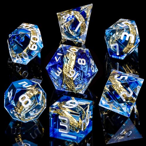 Magic Golden Ring DND Dice Set with Dice Box, Blue Resin Sharp Edge D and D Dice for use with D&D Tabletop Games Handmade Lord Polyhedral Dice Set D20 D12 D10 D8 D6 D4 - color: Ring - Blue-2