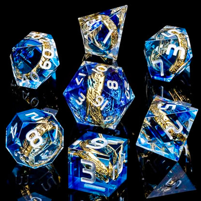 Magic Golden Ring DND Dice Set with Dice Box, Blue Resin Sharp Edge D and D Dice for use with D&D Tabletop Games Handmade Lord Polyhedral Dice Set D20 D12 D10 D8 D6 D4 - color: Ring - Blue-2
