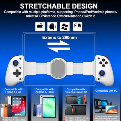Phone Controller for iPhone, iPad, Android Phone, Tablet, PC, Switch 2, Mobile Game Controller with Hall Trigger, Turbo, Programming, Vibration, Wireless Handheld Gamepad Play Streaming, Cloud Gaming - color: White