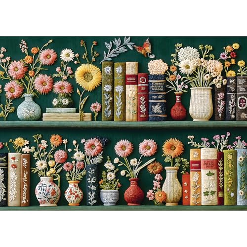 Wildflower Pages Puzzles for Adults 1000 Pieces, Vintage Embroidered Plant Flower Vase Bookshelf Art Jigsaw Puzzle, Gifts for Book Lovers and Garden Enthusiasts (27.5"x19.7") - color: Color-wildflower Bookshelf, size: 27.5" X 19.7"